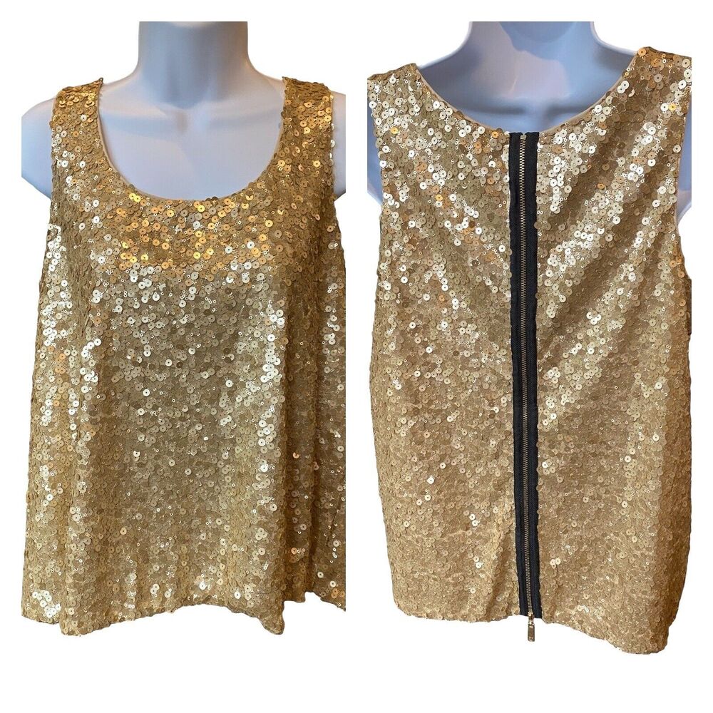 Vince Camuto Tank Top Gold Sequined Size XS Back Zip Polished Rocker Loose Fit